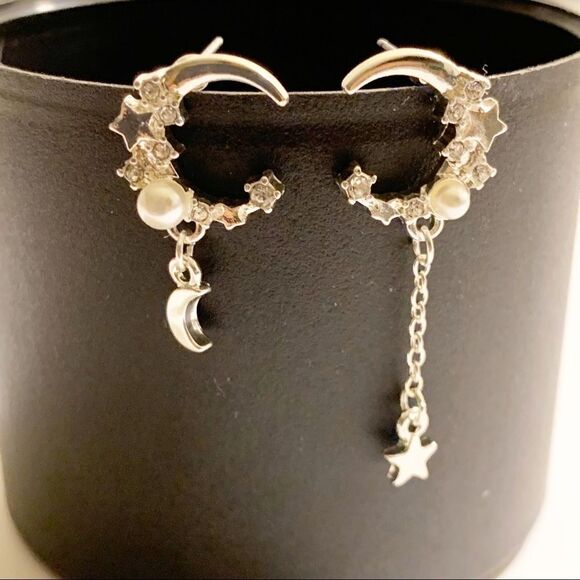 Silver Mini Crescent Moon Chain Earrings - Picture 7 of 7